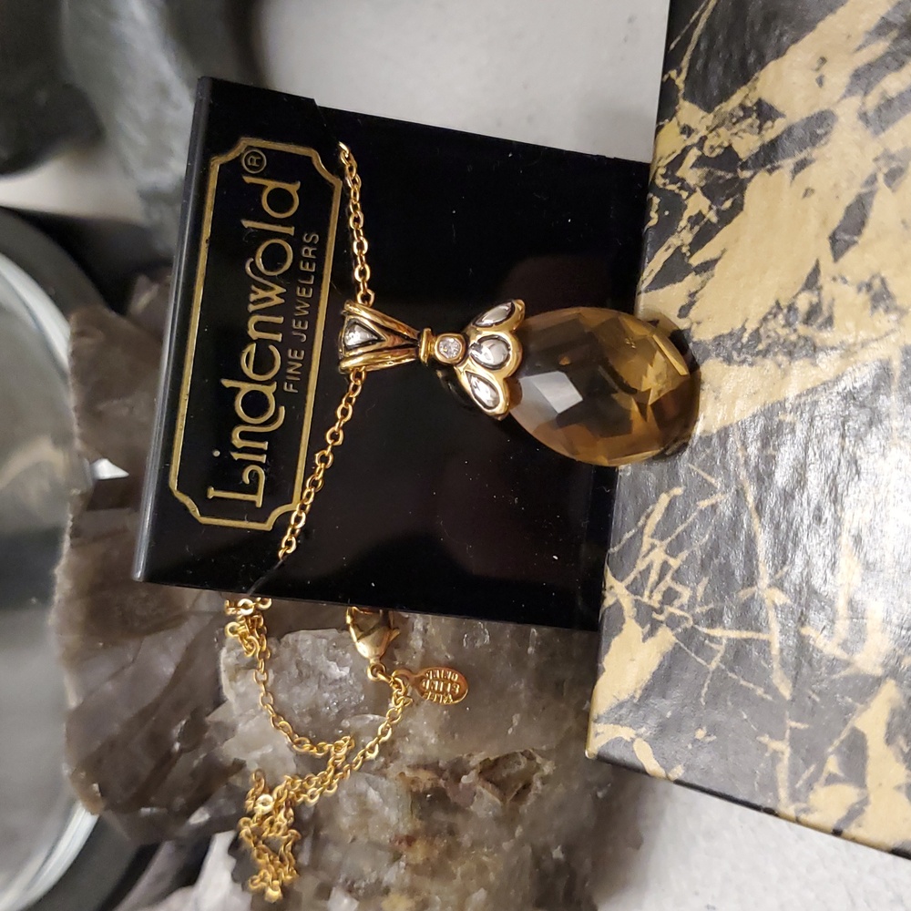 VINTAGE LINDENWOLD 14K GOLD PLATED CITRINE Briolette Tear Drop NECKLACE Pendant